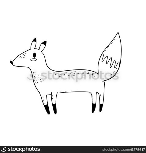 Cute fox in modern cartoon style. Black and white vector illustration. Funny cute animal. Forest sly predator.. Cute fox in modern cartoon style.