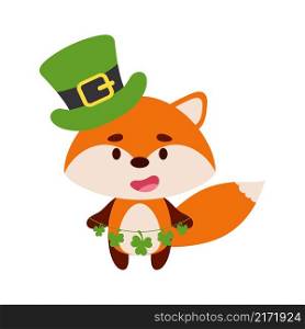 Cute fox in St. Patrick&rsquo;s Day leprechaun hat holds shamrocks. Irish holiday folklore theme. Cartoon design for cards, decor, shirt, invitation. Vector stock illustration.