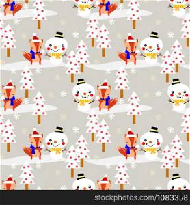 Cute fox make snowman in Christmas seamless pattern