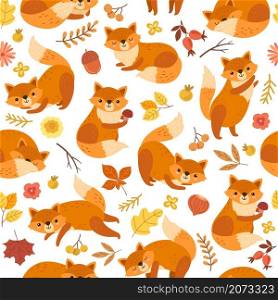 Cute fox pattern. Orange foxes print, awesome wild forest animal. Funny woodland wallpaper, exact baby nursery nature vector seamless texture. Pattern wallpaper, woodland animal pattern illustration. Cute fox pattern. Orange foxes print, awesome wild forest animal. Funny woodland wallpaper, exact baby nursery nature vector seamless texture