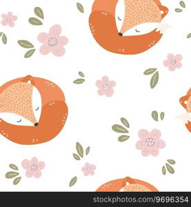 Cute fox pattern. Seamless background with funny baby animal. Repeating print with lovely character. Colored flat vector illustration of endless texture for decoration, textile. Cute fox pattern. Seamless background with funny baby animal. Repeating print with lovely character.