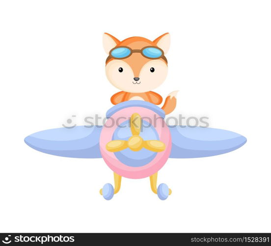 Cute fox pilot wearing aviator goggles flying an airplane. Graphic element for childrens book, album, scrapbook, postcard, mobile game. Flat vector stock illustration isolated on white background.