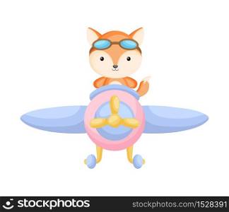 Cute fox pilot wearing aviator goggles flying an airplane. Graphic element for childrens book, album, scrapbook, postcard, mobile game. Flat vector stock illustration isolated on white background.
