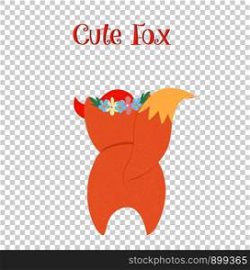 Cute fox rear view isolated on transparent background. Funny little fox in flower wreath back side, character for kids design. Cartoon flat vector hand drawn illustration, scandinavian style, clip art. Cute fox rear view on transparent background.