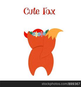 Cute fox rear view isolated on white background. Funny little fox in flower wreath back side, character for kids baby design. Cartoon flat hand drawn illustration, scandinavian style, clip art. Cute fox rear view isolated on white background