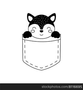 Cute fox sitting in pocket. Animal face in Scandinavian style for kids t-shirts, wear, nursery decoration, greeting cards, invitations, poster, house interior. Vector stock illustration