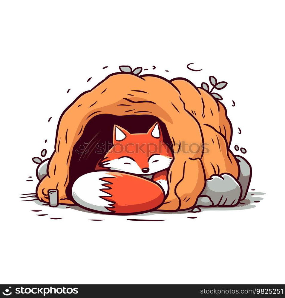 Cute fox sleeping in a fox house. Vector cartoon illustration