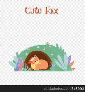 Cute fox sleeping in foxy burrow isolated on transparent background with typography, sweet kawaii animal kids design, baby Cartoon flat vector hand drawn illustration, scandinavian style, clip art. Cute fox in wreath sleep in foxy burrow isolated