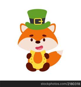Cute fox St. Patrick&rsquo;s Day leprechaun hat holds horseshoe. Irish holiday folklore theme. Cartoon design for cards, decor, shirt, invitation. Vector stock illustration.