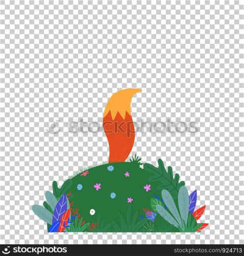 Cute fox tail sticking up above of green field with leaves, grass and flowers isolated on transparent background. Cartoon flat vector baby illustration, scandinavian style, icon, clip art, sticker. fox tail sticking up above of field with leaves