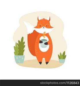 Cute fox with a mug of coffee or tea. Vector illustration. Cute fox with a mug of coffee or tea.