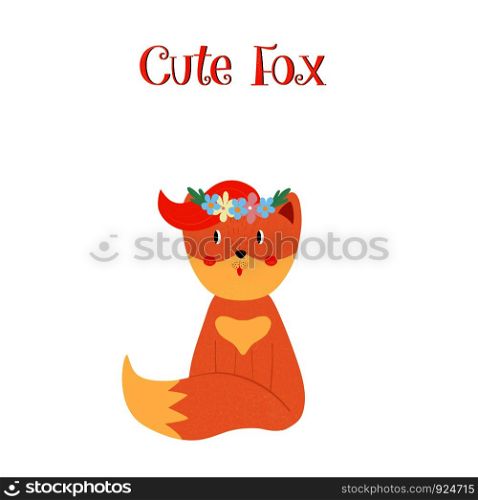 Cute fox with ginger forelock in flower wreath isolated on white background, adorable sweet animal for baby design. Cartoon flat hand drawn illustration, scandinavian style, clip art, icon. Cute fox with ginger forelock in flower wreath