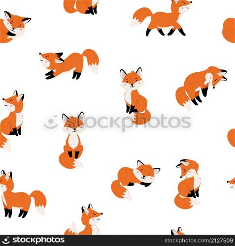 Cute foxes seamless pattern. Cartoon funny red mammals with tails, vector illustration of forest animals with emotional faces isolated on white background. Cute foxes seamless pattern
