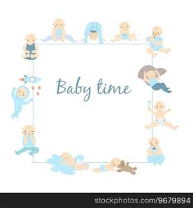 cute frame for baby boy in flat design isolated. Vector illustration usable for baby album, posters, flyers, invitation, wallpapers. . cute frame for baby boy in flat design isolated