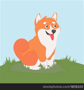 Cute friendly dog on a walk in the field, vector illustration in cartoon style