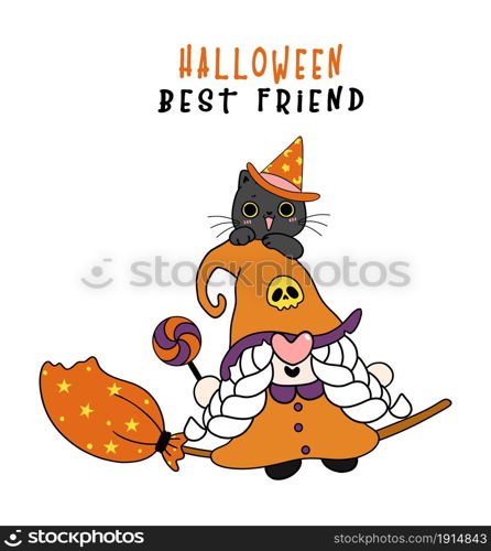 Cute friendship Witch Gnome and happy black cat Halloween Best Friend, cartoon character doodle hand drawn outline