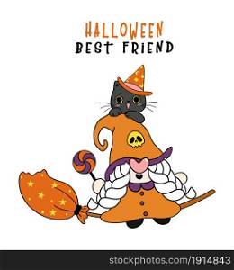 Cute friendship Witch Gnome and happy black cat Halloween Best Friend, cartoon character doodle hand drawn outline
