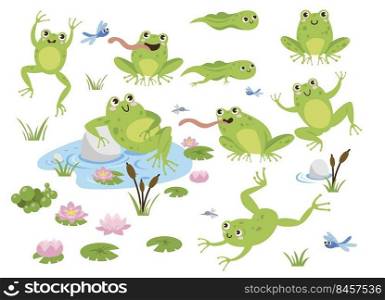 Cute frog cartoon characters vector illustrations set. Drawings of green toads jumping, sitting in pond with lotus, catching dragonflies isolated on white background. Animals, wildlife concept