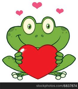 Cute Frog Cartoon Mascot Character Holding A Valentine Love Heart. Illustration Isolated On White Background