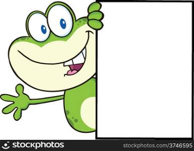 Cute Frog Cartoon Mascot Character Looking Around A Blank Sign And Waving