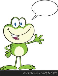 Cute Frog Cartoon Mascot Character Waving For Greeting With Speech Bubble