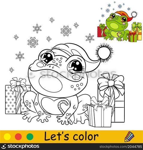 Cute frog in a Christmas hat with presents. Cartoon frog character. Vector isolated illustration. Coloring book with colored exemple. For card, poster, design, stickers, decor,kids apparel. Coloring cute happy Christmas frog vector illustration