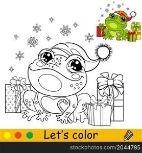 Cute frog in a Christmas hat with presents. Cartoon frog character. Vector isolated illustration. Coloring book with colored exemple. For card, poster, design, stickers, decor,kids apparel. Coloring cute happy Christmas frog vector illustration