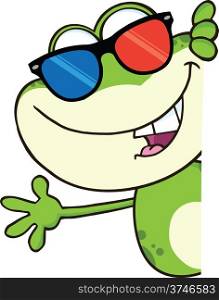 Cute Frog With 3D Glasses Cartoon Character Looking Around A Blank Sign And Waving
