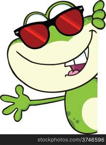 Cute Frog With Sunglasses Cartoon Mascot Character Looking Around A Blank Sign And Waving