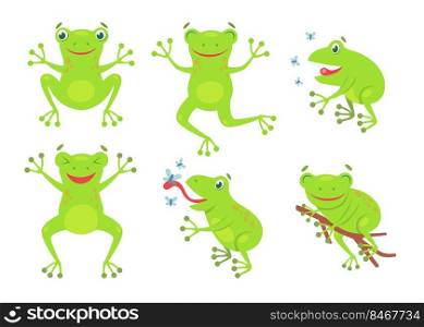 Cute frogs cartoon illustration set.  Funny green croaking toads and frogs jumping and catching flies isolated on white background. Flat vector collection for biology, nature and animals concept