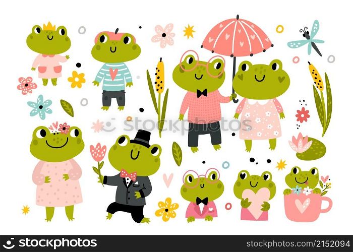 Cute frogs. Funny happy cartoon frog characters, family animals in clothes, romantic couple and kids, baby toads and amphibians, swamp aquatic inhabitants, childish decor isolated elements, vector set. Cute frogs. Funny happy cartoon frog characters, family animals in clothes, romantic couple and kids, baby toads and amphibians, swamp aquatic inhabitants, childish vector isolated set