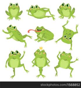 Cute frogs. Green funny frogs in various poses, happy animals group. Smiling active toads, zoo carnivore cartoon vector characters. Cartoon amphibian happy, animal princess toad illustration. Cute frogs. Green funny frogs in various poses, happy animals group. Smiling active toads, zoo carnivore cartoon vector characters