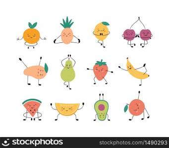 Cute fruits and berries in yoga pose. Apple, banana, pear and other fruits practicing yoga and meditates. Funny vector cartoon characters isolated on white background. Cute fruits and berries in yoga pose. Apple, banana, pear and other fruits practicing yoga and meditates