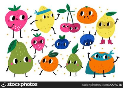 Cute fruits characters. Funny juicy lemons, pears and oranges with happy faces. Baby healthy nutrition products. Blueberry and citrus. Kids cartoon style strawberry or cherry. Vector foon mascots set. Cute fruits characters. Funny juicy lemons, pears and oranges with happy faces. Healthy nutrition products. Blueberry and citrus. Kids cartoon strawberry or cherry. Vector food mascots set