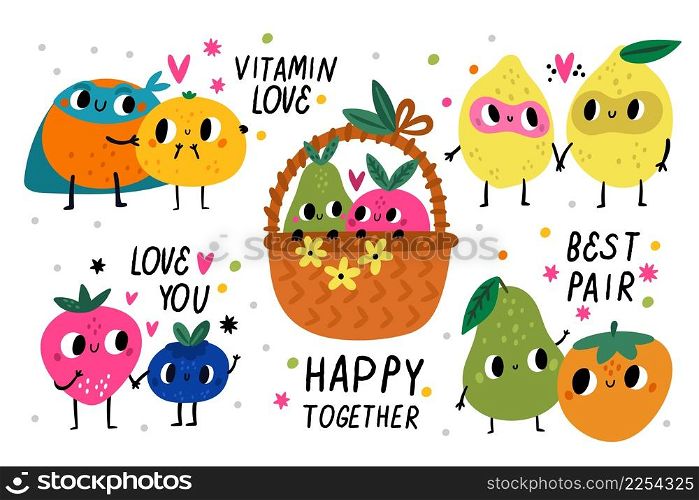 Cute fruits couples. Funny nature characters in love, comic plant products with faces, cartoon vegetable food with romantic text, apple and pear in basket, lemons and berries, vector isolated set. Cute fruits couples. Funny nature characters in love, comic plant products with faces, cartoon vegetable food with romantic text, apple and pear in basket, lemons and berries vector set