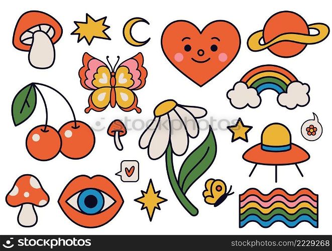Cute funky hippy stickers. Retro 70s vibe, psychedelic groovy elements as mushroom, flower, rainbow and ufo spaceship. Cartoon vintage butterfly, cherry and heart isolated vector set. Cute funky hippy stickers. Retro 70s vibe, psychedelic groovy elements as mushroom, flower, rainbow and ufo