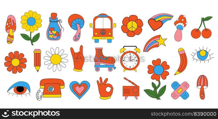 Cute funky hippy stickers. Retro big set 70s 80s style psychedelic groovy elements. Vector clipart vintage hippy style, cartoon funky mushroos and flower, roller-skates, bus, retro phone and band-aid