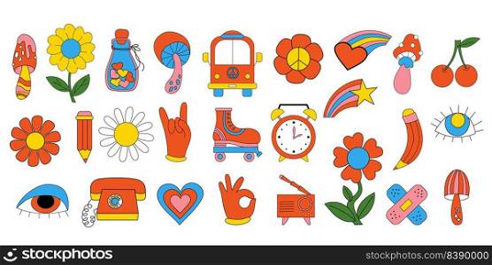 Cute funky hippy stickers. Retro big set 70s 80s style psychedelic groovy elements. Vector clipart vintage hippy style, cartoon funky mushroos and flower, roller-skates, bus, retro phone and band-aid