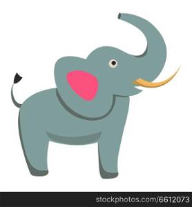 Cute funny african elephant with tusks and raised trunk vector flat cartoon sticker isolated on white. Wild animal illustration for game counters, price tags. Cute Elephant Cartoon Flat Vector Sticker or Icon