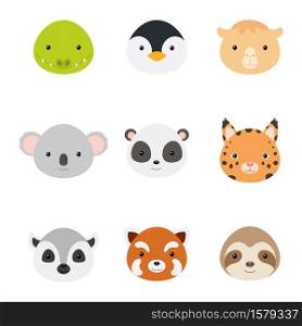 Cute funny animal heads. Wild cartoon animal characters for baby print design, kids wear, baby shower celebration, greeting and invitation card, wall decor. Flat vector stock illustration