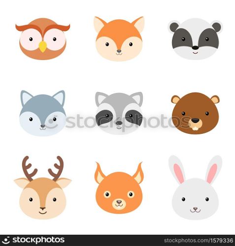 Cute funny animal heads. Woodland cartoon animal characters for baby print design, kids wear, baby shower celebration, greeting and invitation card, wall decor. Flat vector stock illustration