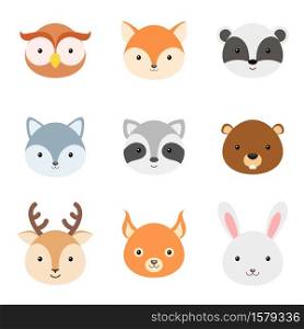 Cute funny animal heads. Woodland cartoon animal characters for baby print design, kids wear, baby shower celebration, greeting and invitation card, wall decor. Flat vector stock illustration