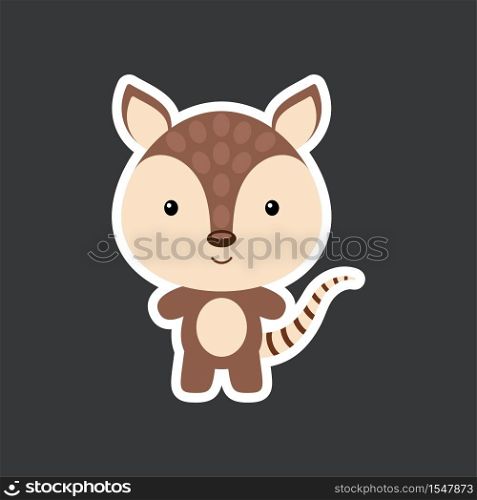 Cute funny baby armadillo sticker. Adorable animal character for design of album, scrapbook, card, poster, invitation. Flat cartoon colorful vector stock illustration.