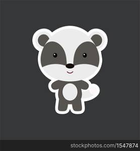 Cute funny baby badger sticker. Woodland adorable animal character for design of album, scrapbook, card, poster, invitation. Flat cartoon colorful vector stock illustration.