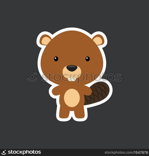 Cute funny baby beaver sticker. Woodland adorable animal character for design of album, scrapbook, card, poster, invitation. Flat cartoon colorful vector illustration.