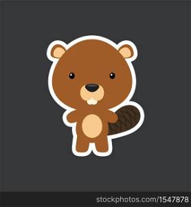 Cute funny baby beaver sticker. Woodland adorable animal character for design of album, scrapbook, card, poster, invitation. Flat cartoon colorful vector illustration.