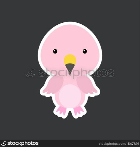 Cute funny baby flamingo sticker. Tropical adorable bird character for design of album, scrapbook, card, poster, invitation. Flat cartoon colorful vector stock illustration.