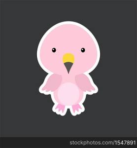 Cute funny baby flamingo sticker. Tropical adorable bird character for design of album, scrapbook, card, poster, invitation. Flat cartoon colorful vector stock illustration.