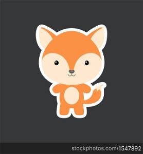 Cute funny baby fox sticker. Woodland adorable animal character for design of album, scrapbook, card, poster, invitation. Flat cartoon colorful vector illustration.