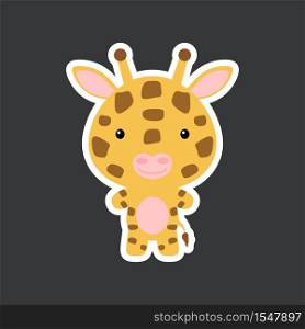 Cute funny baby giraffe sticker. African adorable animal character for design of album, scrapbook, card, poster, invitation. Flat cartoon colorful vector illustration.